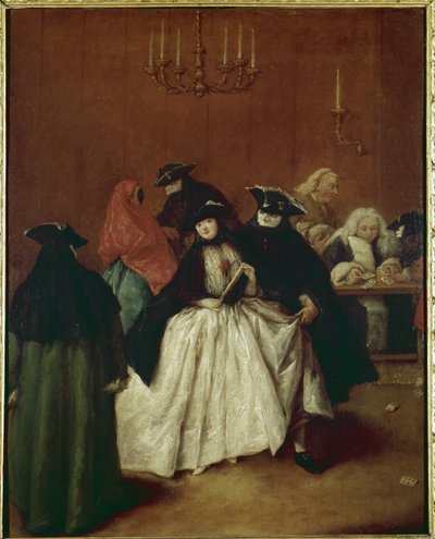 Il Ridotto (la sala privada del Palazzo San Moise, Venecia) o máscara a reduto de Pietro Longhi