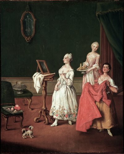 La toilette (La sesión de vestimenta) Aristócrata veneciano frente a su espejo asistido por dos sirvientes - Pintura de Pietro Longhi (1701-1785) 1760 Dim 61x50 cm Venecia, Ca 