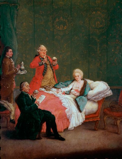 Chocolate matutino, joven mujer de la nobleza en su cama servida por tres hombres de Pietro Longhi