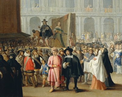 Representación de comediantes durante el carnaval en la Plaza de San Marcos en Venecia (detalle) de Pietro Longhi