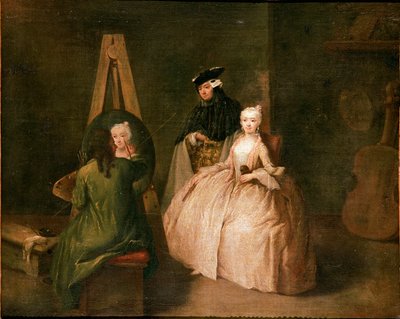 El estudio del pintor. El pintor frente a su caballete retrata a una joven. Pintura de Pietro Longhi (1702-1785) 1740-1745 de Pietro Longhi