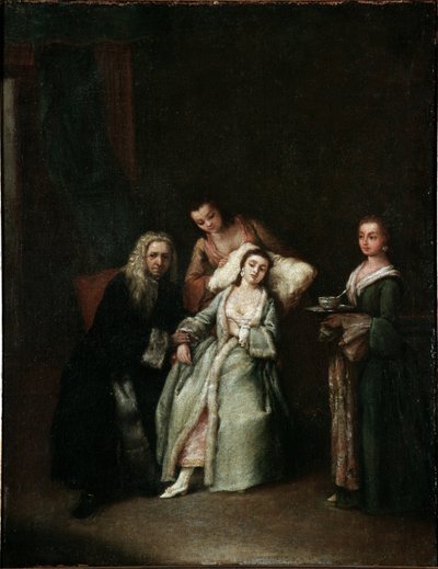 La mujer enferma. Visita del médico tomando el pulso de la enferma. Pintura de Pietro Longhi (1702-1785) 1741 Dim 52x41 cm Venecia, Ca