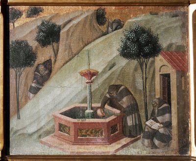 Detalle del retablo del Carmelo: un ermitaño con la fuente de Elías de Pietro Lorenzetti