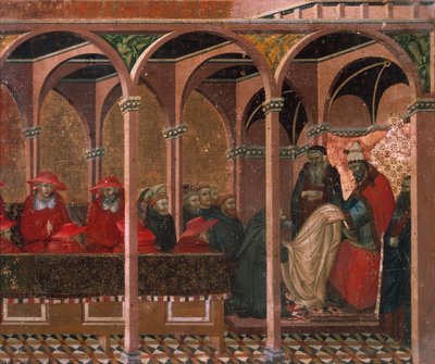 Honorio III aprobando la regla carmelita, detalle del predela del retablo para Carmine de Pietro Lorenzetti