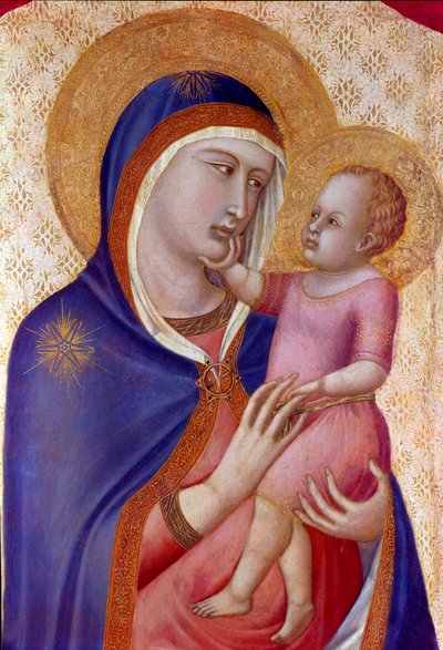 Madonna en gloria. Detalle de la Virgen con el Niño en majestad entre ángeles. Temple sobre madera por Pietro Lorenzetti (1280-1348) 1340 Florencia, Galería Uffizi de Pietro Lorenzetti