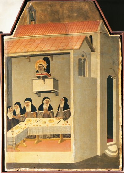 La Beata Humildad lee milagrosamente en el refectorio de Santa Perpetua, azulejo del retablo de la Beata Humildad de Pietro Lorenzetti