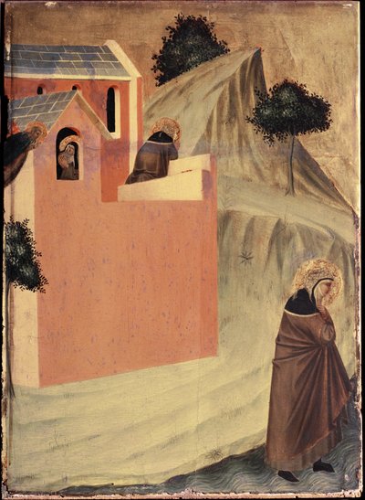 El santo deja el convento de Santa Perpetua y cruza el río Lamone (Políptico de la vida de Santa Humildad) - Temple sobre madera siglo XIV de Pietro Lorenzetti