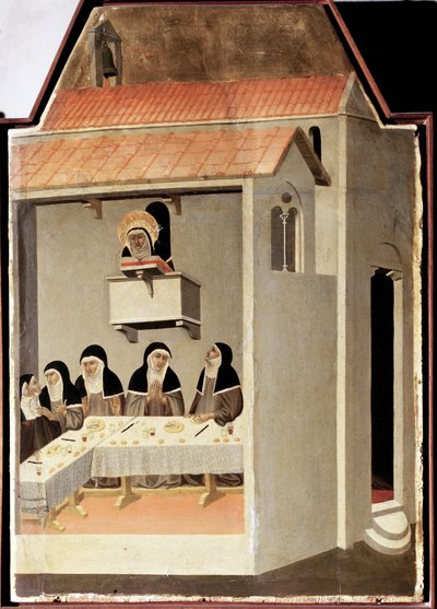 El santo analfabeto lee milagrosamente (Políptico de la vida de Santa Humildad) de Pietro Lorenzetti