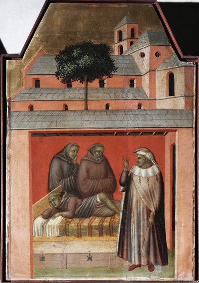 El santo trae ladrillos para construir un nuevo convento en Florencia (detalle del políptico vida de Santa Humildad) de Pietro Lorenzetti