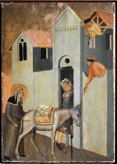 El santo trae ladrillos para construir un nuevo convento en Florencia (detalle) de Pietro Lorenzetti