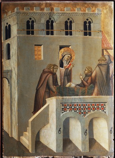 El santo cura el pie de un monje (Políptico de la vida de Santa Humildad) de Pietro Lorenzetti