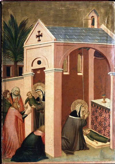 El santo resucita al hijo de un caballero (Políptico de la vida de Santa Humildad) de Pietro Lorenzetti