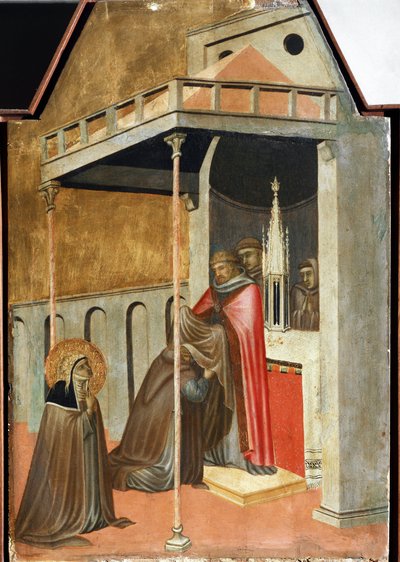 Ugolotti toma el hábito monástico (detalle del políptico vida de Santa Humildad) de Pietro Lorenzetti