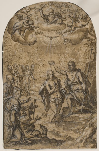 El bautismo de Cristo con Dios Padre y ángeles entre nubes de Pietro Mera