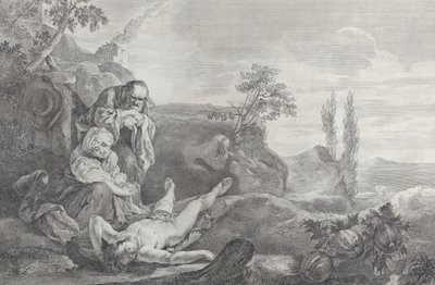 Adán y Eva a la izquierda, como una pareja de ancianos, llorando sobre el cadáver de Abel que yace, 1743-63 de Pietro Monaco