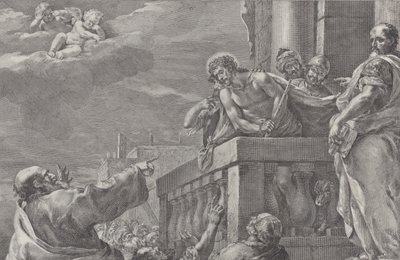 Cristo en un balcón rodeado de guardias, Pilato está a la derecha gesticulando, ca. 1730-1739 de Pietro Monaco