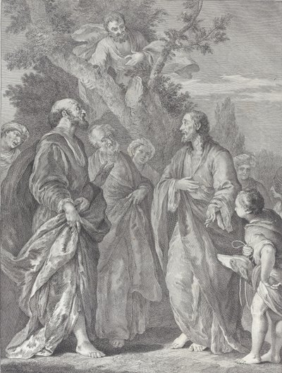 Conversión de Zaqueo, con Cristo a la derecha dirigiéndose al recaudador de impuestos, 1730-39 de Pietro Monaco