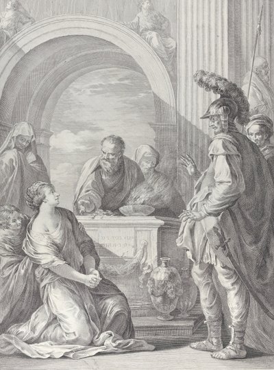 La hija de Jefté arrodillada junto al altar sacrificial, con su padre de pie a la derecha de Pietro Monaco