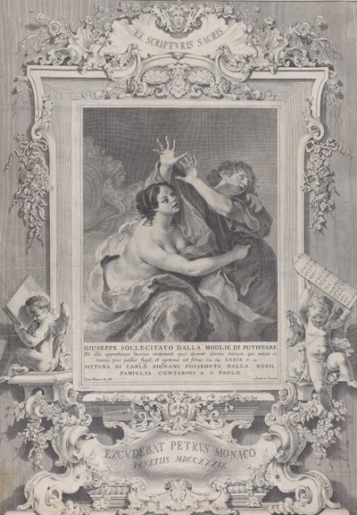 José y la esposa de Potifar, dentro de un marco ornamentado de Pietro Monaco