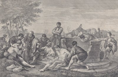 José vendido como esclavo por sus hermanos, que se sientan alrededor de un pozo dividiendo el botín, 1730-39 de Pietro Monaco