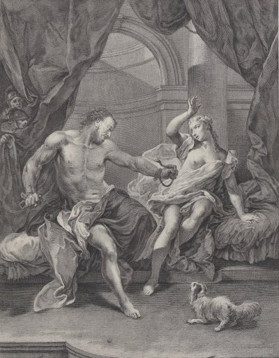 Sansón y Dalila sentados en una cama, Sansón rompiendo las cuerdas que atan su mano..., ca. 1730-39 de Pietro Monaco