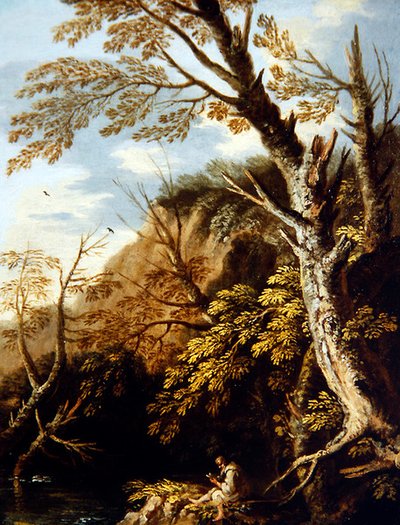 Un paisaje boscoso con un ermitaño de Pietro Montanini