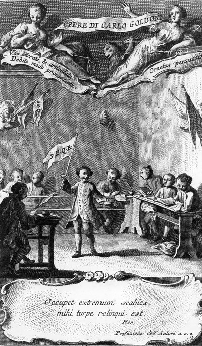 Carlo Goldoni ondea una bandera en celebración de pasar su año en la escuela jesuita en Perugia, de 