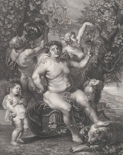 Baco sentado en un barril frente a las vides, con bacantes, sátiros y niños, 1758 de Pietro Peiroleri