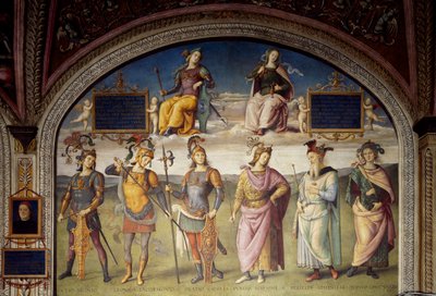 Alegorías de la Fortaleza y la Templanza con Seis Héroes Antiguos de Pietro Perugino