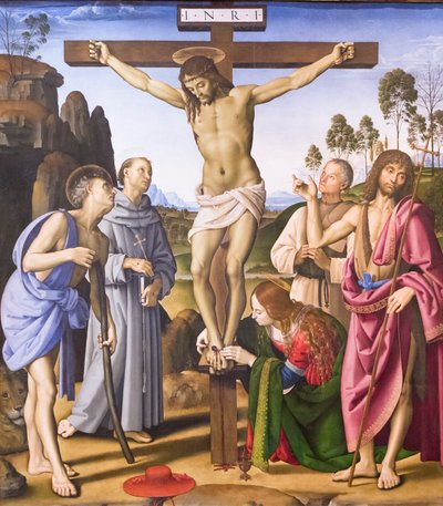 Crucifixión con el santo y el beato Giovanni Colombini de Pietro Perugino