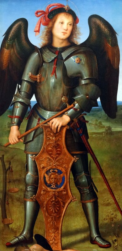 (detalle) La Virgen y el Niño con un ángel, el Arcángel Rafael con Tobías y el Arcángel Miguel de Pietro Perugino