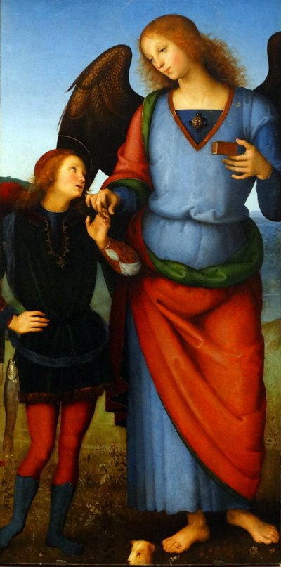 (detalle) La Virgen y el Niño con un ángel, el Arcángel Rafael con Tobías y el Arcángel Miguel de Pietro Perugino