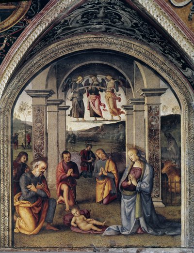La Natividad. Fresco de Pietro Vannucci dit Il Perugino (1448-1523) 1498. Perugia, Collegio del Cambio de Pietro Perugino