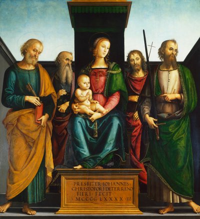 Madonna y Niño en el trono con los santos Juan Bautista, Pedro, Pablo y Juan Evangelista de Pietro Perugino