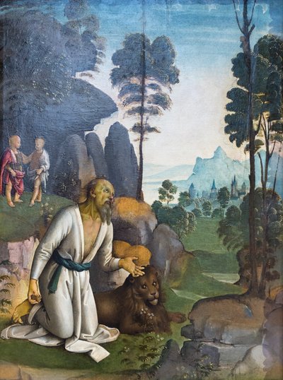 San Jerónimo penitente con el Niño Jesús y San Juan Bautista de niño (óleo sobre tabla) de Pietro Perugino