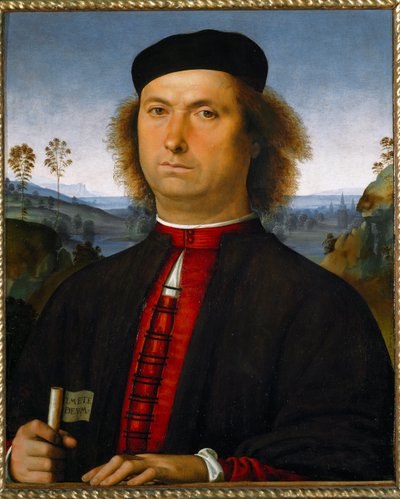 Retrato de Francesco delle Operere. Sostiene un pergamino con la expresión 