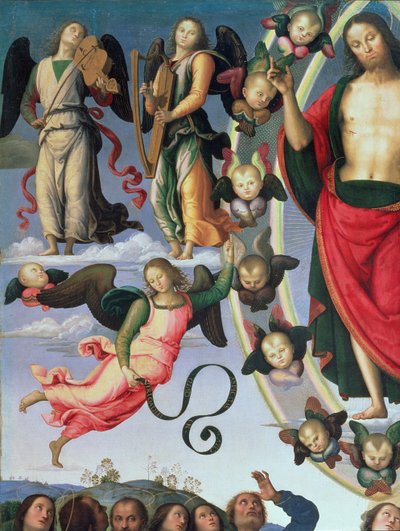 La Ascensión de Cristo (detalle de Cristo y ángeles músicos) de Pietro Perugino