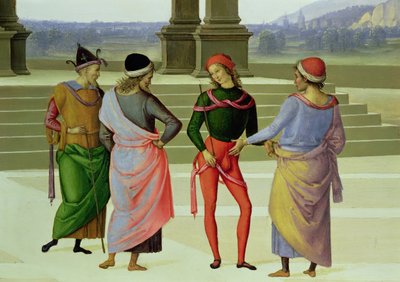 El Matrimonio de la Virgen (detalle de cuatro hombres conversando) de Pietro Perugino