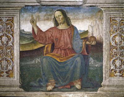 El Redentor, Jesús sosteniendo el globo y levantando la mano en señal de bendición de Pietro Perugino