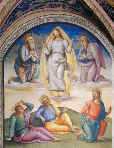 La transfiguración: Cristo revestido de blanco está rodeado por Moisés y Elías, debajo el apóstol Juan, Pedro y Santiago de Pietro Perugino