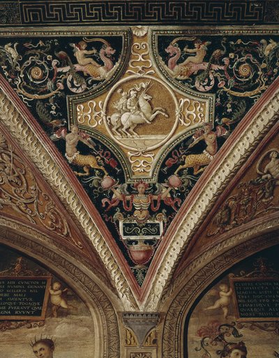 Guerreros a caballo, decoración del techo de Pietro Perugino