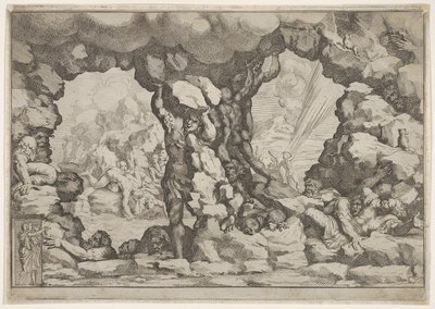 Un gigante levantando una roca en el centro, otros gigantes a la izquierda y derecha luchando, ca. 1680 de Pietro Santi Bartoli