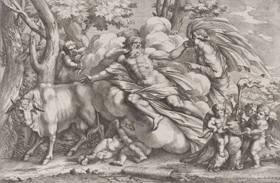 Io a la izquierda como una vaca, Júpiter en una nube en el centro y Juno a la derecha con pavo real, 1650-90 de Pietro Santi Bartoli