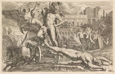 Aquiles arrastrando el cuerpo de Héctor alrededor de las murallas de Troya de Pietro Testa