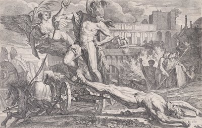 Aquiles arrastrando el cuerpo de Héctor alrededor de las murallas de Troya, 1648-50 de Pietro Testa