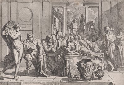 El simposio de Platón: Sócrates y sus compañeros sentados alrededor de una mesa discutiendo sobre el amor ideal de Pietro Testa