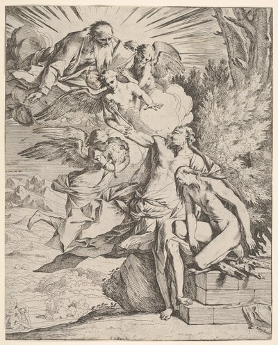 Sacrificio de Isaac: un ángel presiona contra el brazo de Abraham que sostiene el puñal de Pietro Testa