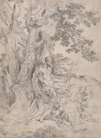 San Jerónimo ante un crucifijo acompañado de un león y tres putti, ca. 1631-1637 de Pietro Testa