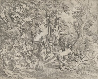 El Jardín de Venus que se reclina en el centro ante un herma de Pan y rodeada..., ca. 1631-37 de Pietro Testa