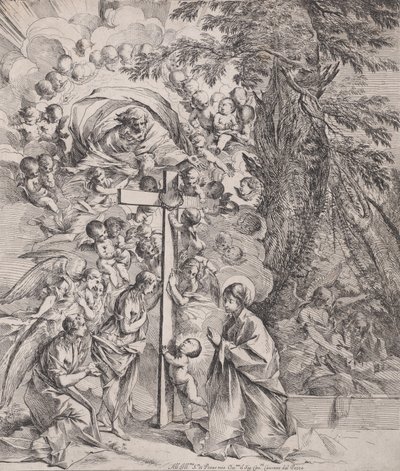 El sueño de San José, que duerme a la derecha, la Virgen y el Niño junto a una cruz de Pietro Testa